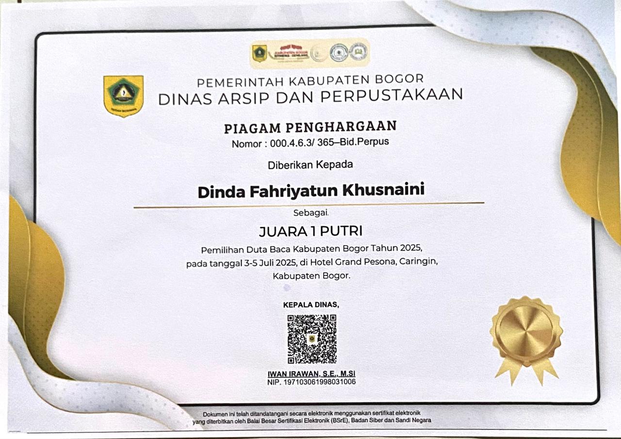 Dinda Fahriyatun Khusnaini, Mahasiswa Psikologi FISIP UNISMA Bekasi Raih Juara 1 Putri Duta Baca Kabupaten Bogor 2025 (1)