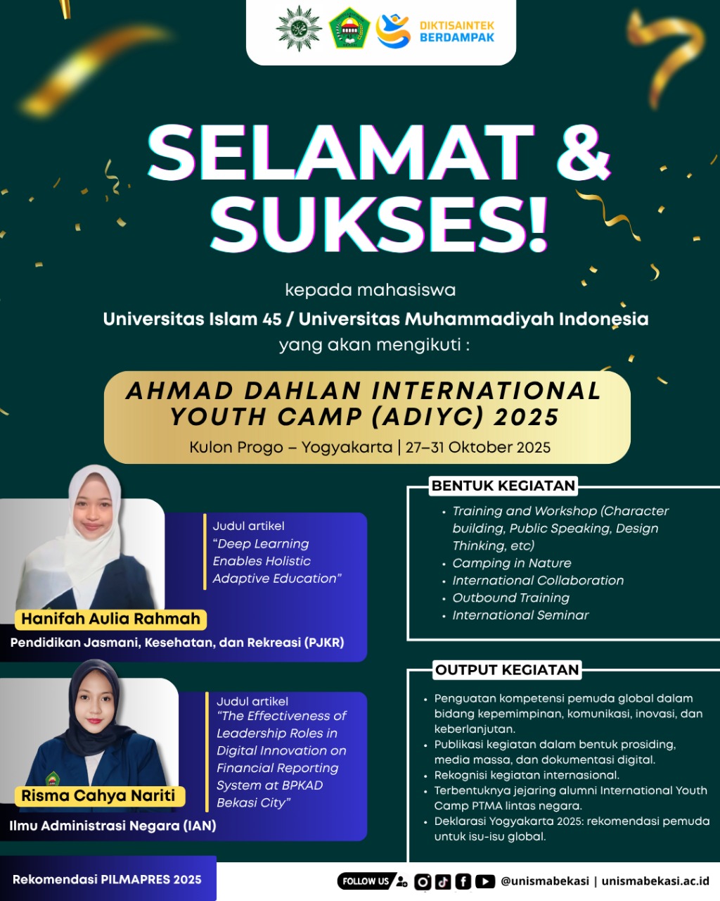 Dua mahasiswa Universitas Islam 45 Universitas Muhammadiyah Indonesia resmi berangkat mengikuti Ahmad Dahlan International Youth Camp (ADIYC) 2025 di Yogyakarta